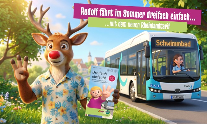 Renntier Rudolf in Hawaiihemd und RSVG-Bus Fahrtrichtung Schwimmbad
