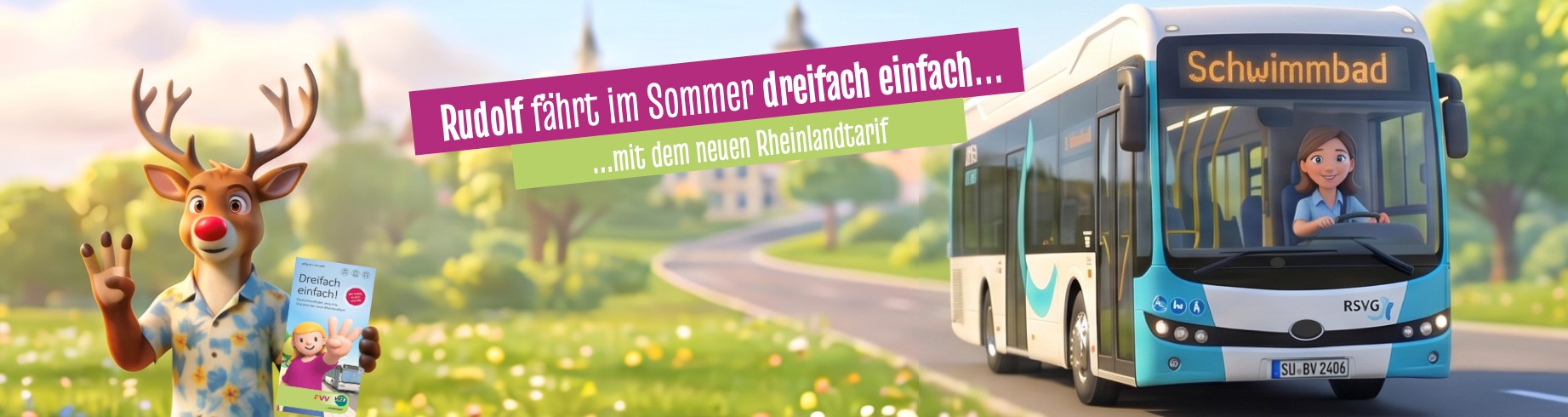 Renntier Rudolf in Hawaiihemd und RSVG-Bus Fahrtrichtung Schwimmbad